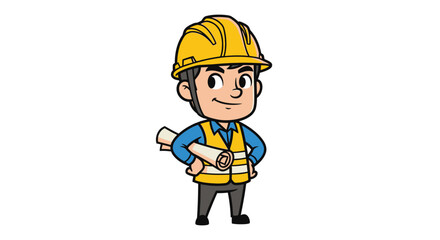 Obraz premium Cartoon engineer or construction worker wearing a yellow hard hat and safety vest, holding blueprint scrolls. Represents professionalism in building and engineering.
