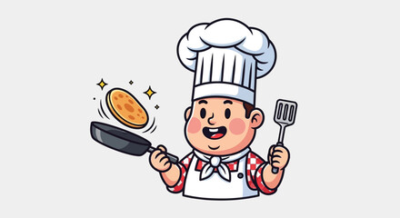 Cheerful cartoon chef flipping a pancake in a pan while holding a spatula, symbolizing culinary expertise and the joy of cooking.