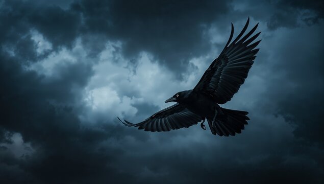 Gliding solitary large black bird extending wings through stormy sky, showcasing feather detail