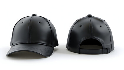 Fototapeta premium Black Leather Baseball Cap Front and Back View Modern Stylish Accessory