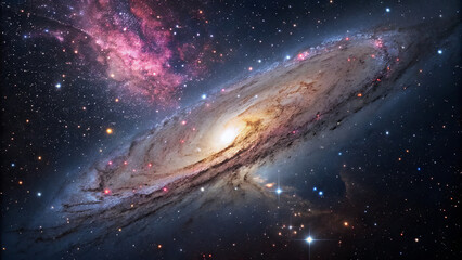 Fototapeta premium An impressive spiral galaxy showcases bright colors and intricate patterns against the dark backdrop of space. This scene reveals the beauty of distant stars and celestial formations