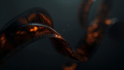 Floating twisted film strip glowing under warm orange light on studio backdrop, with water droplets