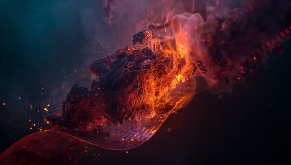Glowing molten rock fragment floating in void with haze, swirling flame ribbon, embers and sparks