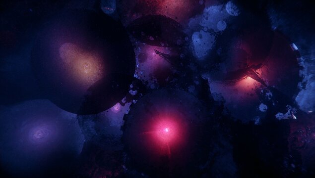 Glowing circular discs clustering in space nebula clouds, radiating cores and faint star points