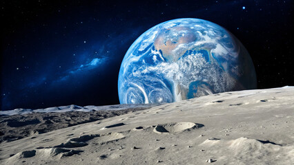 The majestic Earth seen from the surface of the Moon, with bright craters in the foreground and a star-filled cosmos in the background