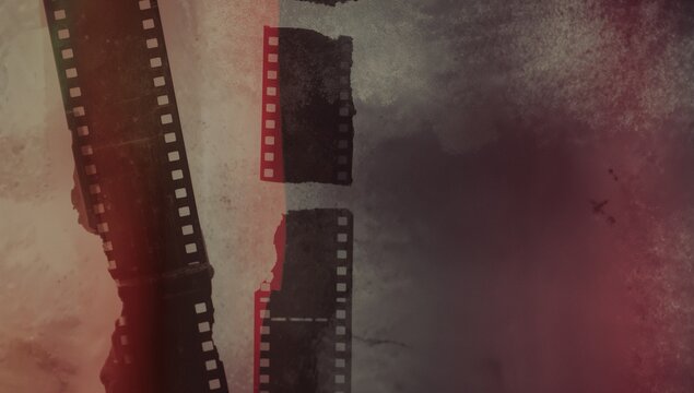Featuring film strips on panel with sprocket holes, torn emulsion edges, scratches, dust particles