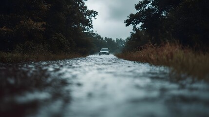 A car drives through a flooded road in a dense forest under an overcast sky