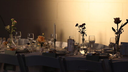 Table setting at simple, but elegant wedding, or festive birthday celebration.  Budget friendly, cost of living. save money with do it yourself. Warm temperature colored light