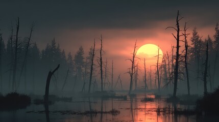 Haunted Swamp. Sunset Scenery on a Mysterious Forest Swamp with Creepy Dead Tree Silhouettes