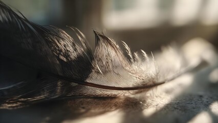 Macro close-up of a brown feather resting on a textured surface, warm light highlighting its delicate barbs and wispy tips. Concept Macro close-up, Brown feather texture, Warm lighting