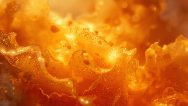 Forming molten orange fluid shapes in abstract close-up, showing microbubbles and droplets