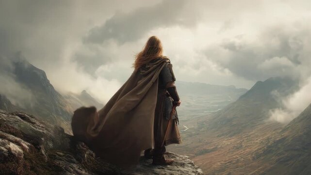 Epic Warrior Gazing Over Majestic Mountain Valley Landscape