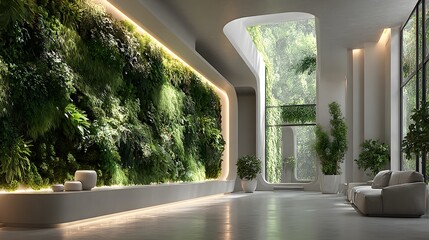 Fototapeta premium Lush, modern photorealistic interior featuring a large vertical garden full of various green plants. The wall is backlit, creating a soft glow.
