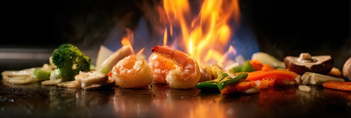 Hibachi Cooking: Japanese Teppanyaki Grill with Fire and Volcano Flames