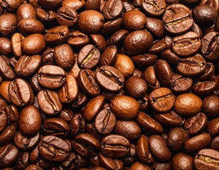 Pile of Roasted Coffee Beans Creating a Textured Background with Rich Brown Tones and Visible Bean Cracks Close Up