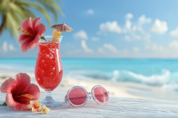 Holiday Party JPG. Cocktail and Goggles on Beach with Tropical Fruit and Alcohol Drink