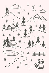 Minimal Snowy Landscape Doodle Vector Set | Hand-Drawn Winter Nature Line Illustrations