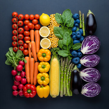 Overhead flat lay of fresh vegetables and fruits arranged in a rainbow gradient, eat the rainbow concept