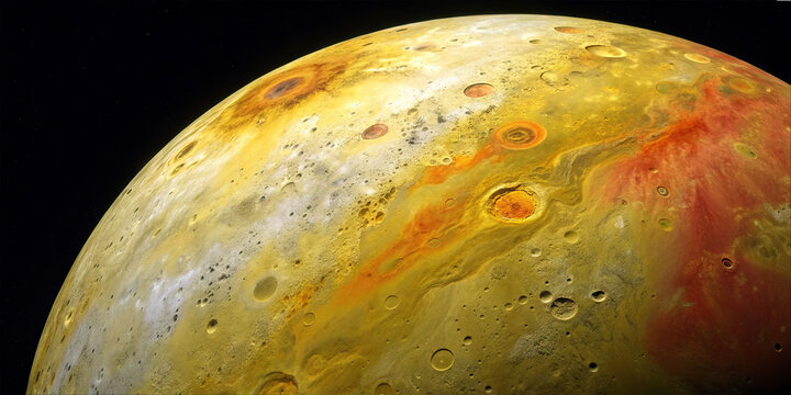 The vibrant surface of Io, one of Jupiter's moons, highlighting its unique colors and numerous volcanic craters. The image shows various geological features