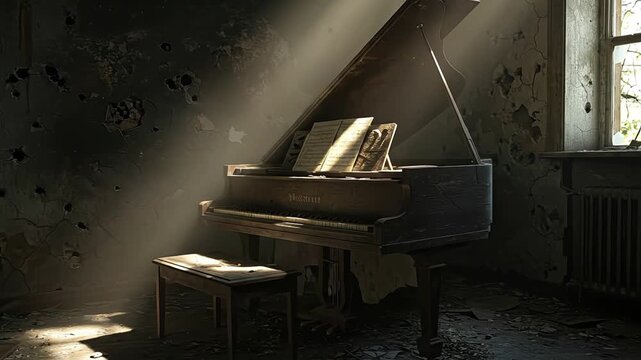 An antique grand piano sits forgotten in a decaying, sunlit room, evoking a sense of lost melody.