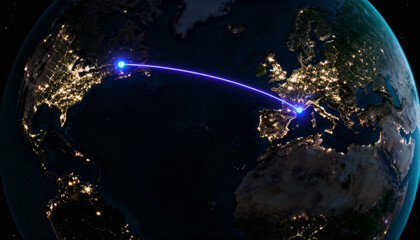 Global Communication Line Connecting North America and Europe at Night