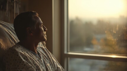 Hospital Patient Looking Out Window. Asian Male Patient Watching Outside
