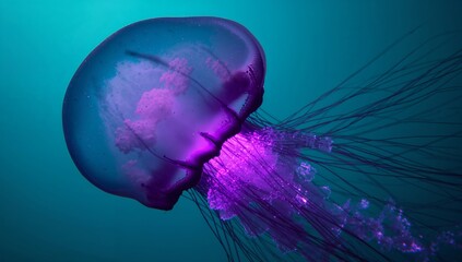 Floating purple jellyfish drifting underwater in blue-green sea, with glowing bell and tentacles