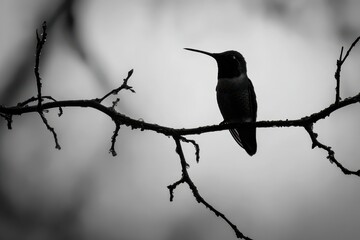 Hummer Silhouette. Resting Hummingbird on Winter Tree Branch Silhouette
