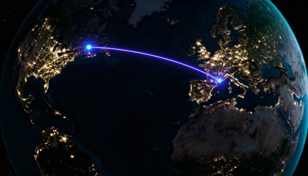 Global Communication Line Connecting North America and Europe at Night