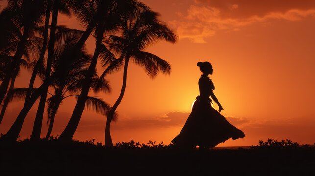 Hula Silhouette. Sunset Dance on Maui: Traditional Hula Dancer Silhouette against Orange Sky