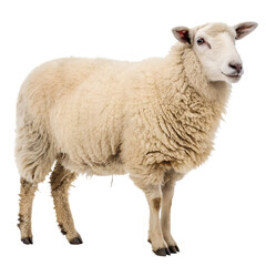 Fototapeta premium Fluffy white sheep standing peacefully isolated on transparent background