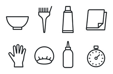 Hair dye tools illustrations: brush, bowl, tube, towel, gloves, cap, applicator, timer
