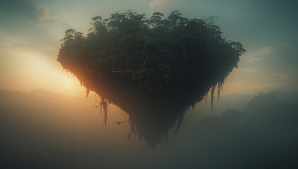 Drifting inverted pyramid island hovering above misty forest valley, with hanging vines and roots