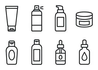 Fototapeta premium Vector icon set of skincare products including bottles and jars