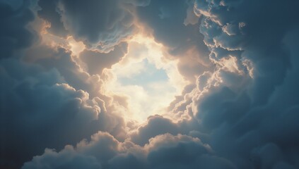 Forming swirling cumulus clouds around opening at high-altitude sky view, with sunrays and blue sky