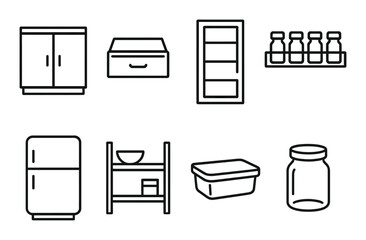 Kitchen storage icons: fridge, jars, shelves, boxes, containers on brown background