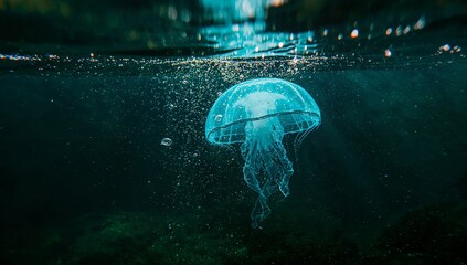Floating translucent jellyfish drifting below surface in open ocean, with glowing bell and bubbles