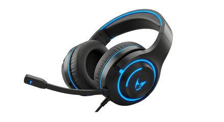 Black and blue gaming headset with microphone isolated PNG with Transparent Background