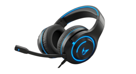 Black and blue gaming headset with microphone isolated PNG with Transparent Background