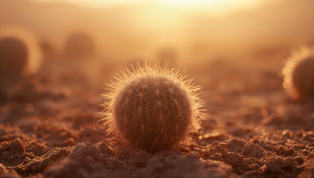 Bathing barrel cactus resting on cracked desert soil in golden light, with glowing spines and rocks - Powered by Adobe