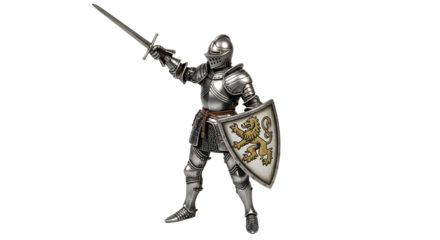 Knight in shining armor with sword raised high isolated PNG with Transparent Background