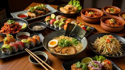 A warm, inviting table setting featuring a diverse spread of popular Asian dishes on a dark wooden table.