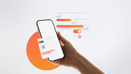 Bright collage. Smartphone with orange floating UI controls symbolizing data management dashboard. Concept of digital analytics, workflow automation, and interface productivity tools.