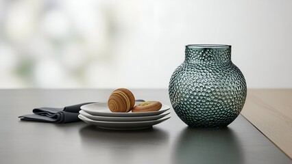 An elegant and minimalist still life composition. A teal-blue glass vase with a dimpled, honeycomb texture sits on a dark, matte tabletop next to a stack of small white plates holding two pastries.