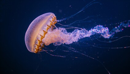 Floating golden jellyfish glowing with pink and purple tentacles in deep blue water, with particles