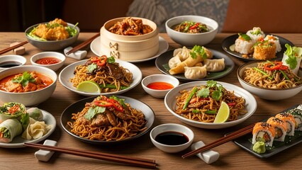 A table covered with a delicious assortment of Asian dishes.