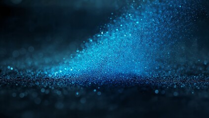 Glitter-covered mound shimmering on dark surface, scattering fine blue particles with bokeh lights