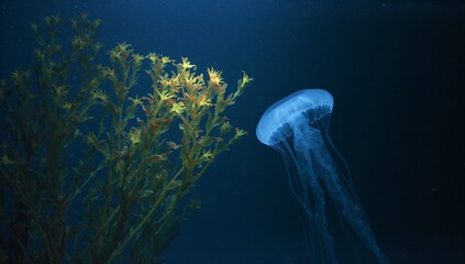 Drifting translucent moon jellyfish glowing in dark deep water, with golden seaweed and particles