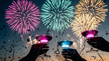 Celebration Toast with Glowing Cocktails and Fireworks