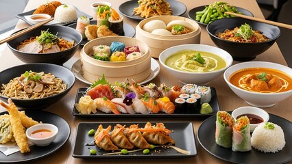 A bright, clean shot of a table filled with a large variety of modern Asian fusion dishes.